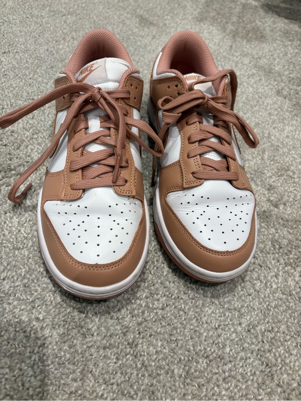 Nike Women’s size 9 Dunks Low-Top Sneaker in White and Coral Pink Swoosh